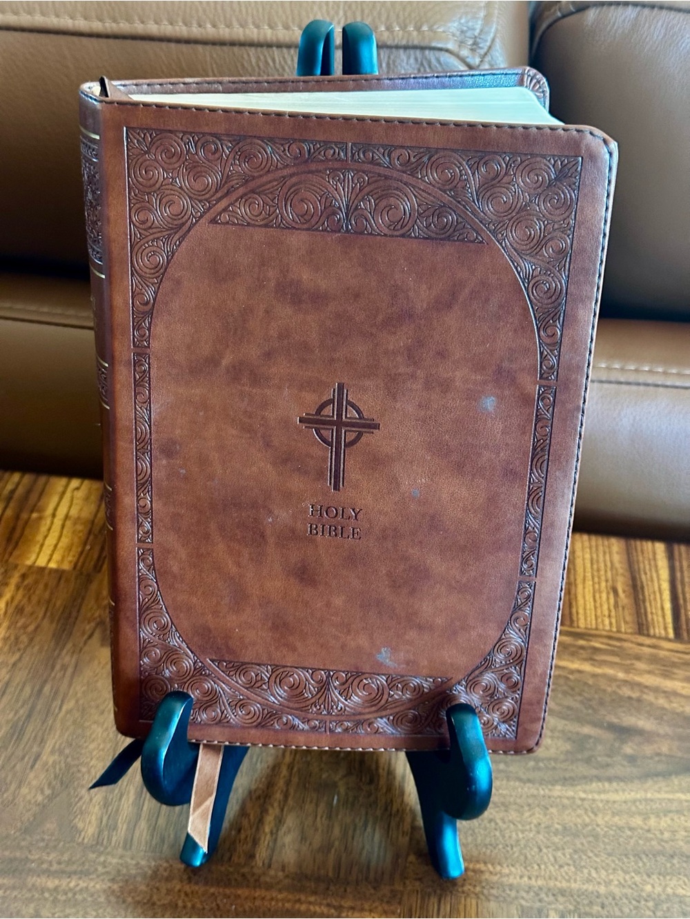 NABRE Large Print Catholic Bible Brown Faux Leather with embossed cross & border